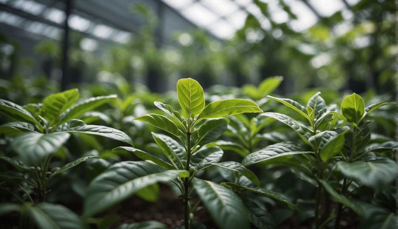 Lush green coffee plants thrive in a controlled greenhouse environment with ideal growing conditions