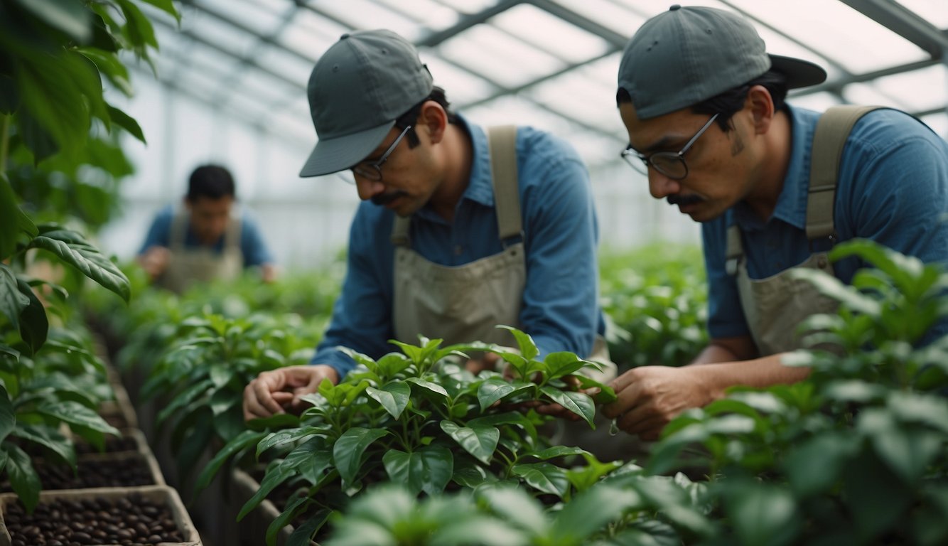 Coffee plants are being carefully tended to in a greenhouse. Foliage is lush, and workers are seen pruning, watering, and inspecting the plants