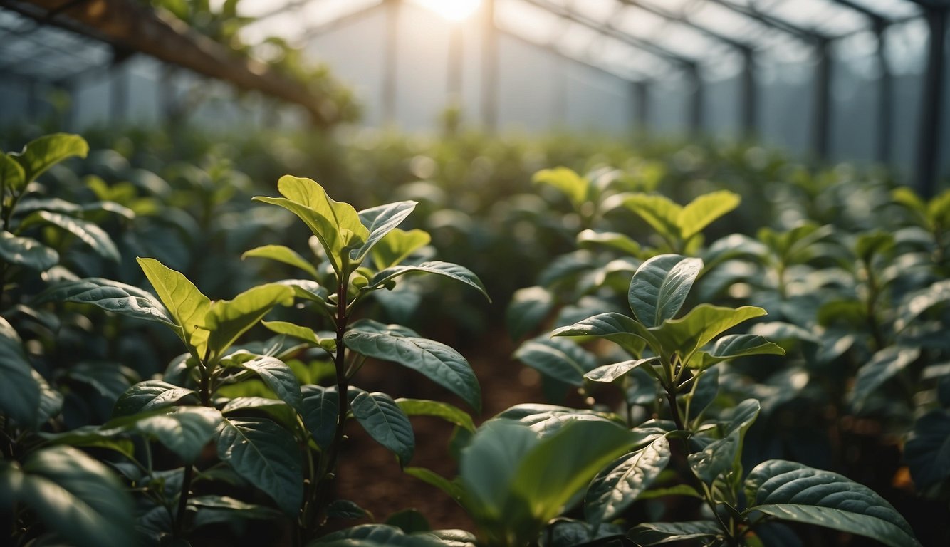 Coffee plants being harvested and processed in a greenhouse