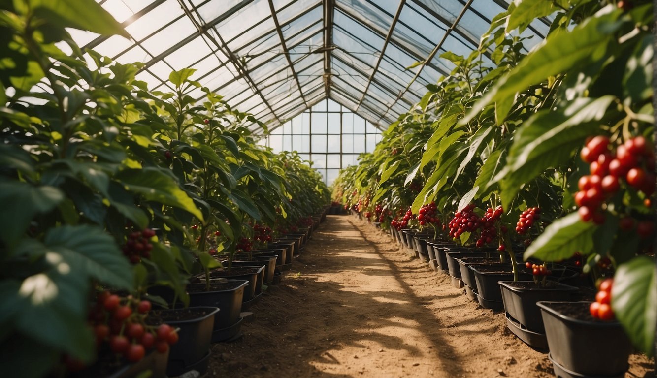 Coffee plants thrive in a spacious greenhouse, bathed in warm sunlight. Lush green leaves and vibrant red coffee cherries adorn the plants, signaling a bountiful harvest