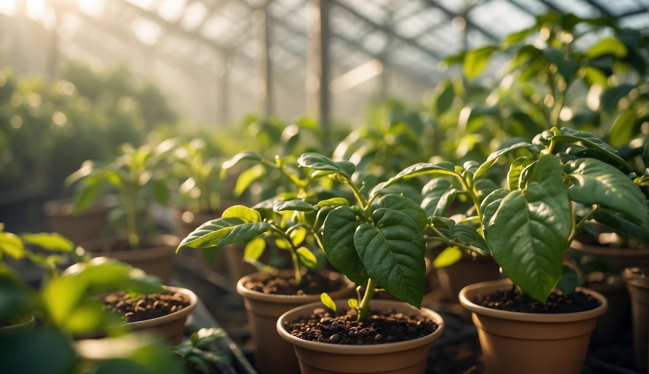 Lush green coffee plants thrive inside a sunlit greenhouse, surrounded by carefully tended soil and a misting system