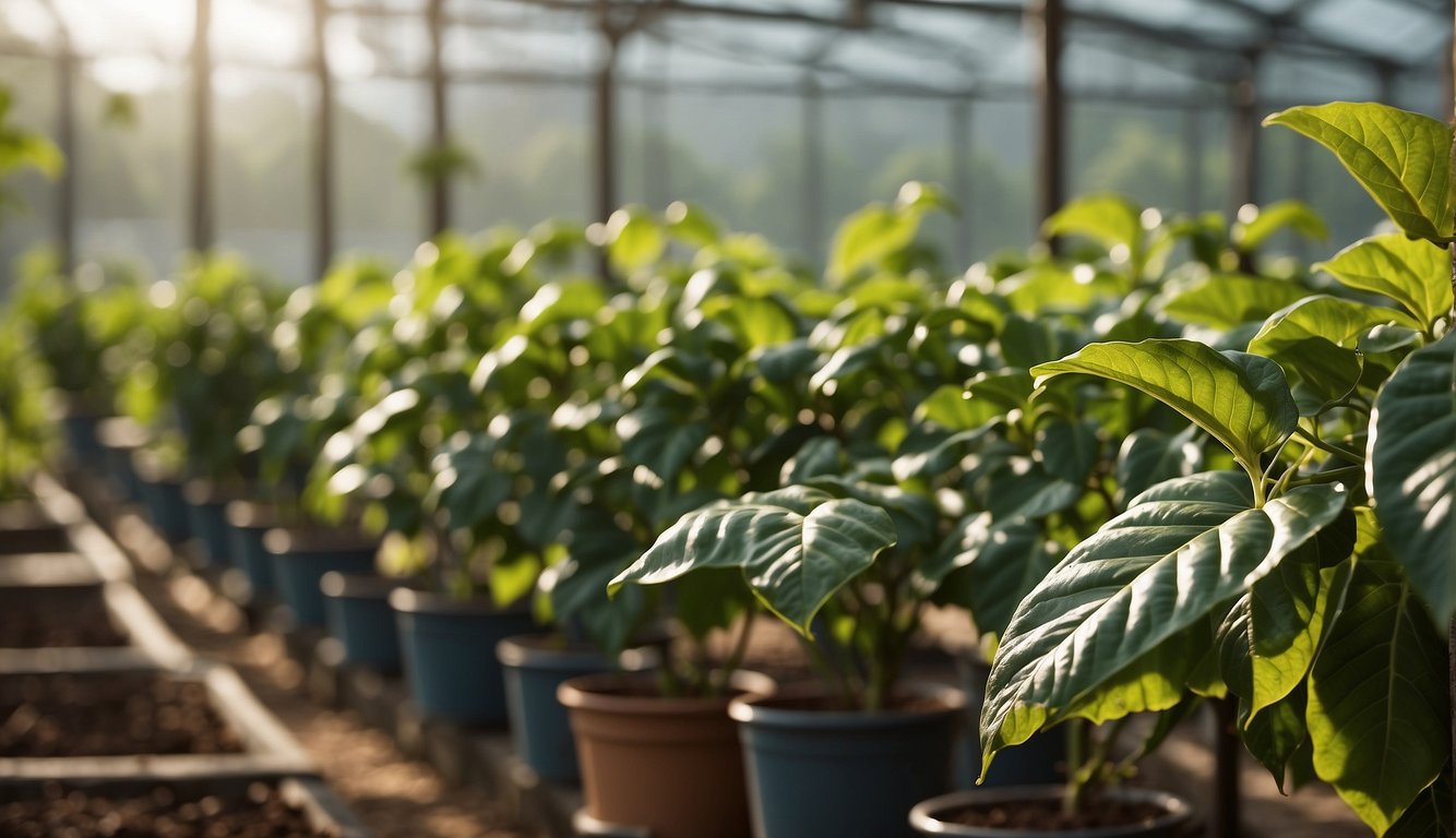 Coffee plants thrive in a lush, sunlit greenhouse. Vines climb trellises, while workers tend to rows of healthy, vibrant coffee plants