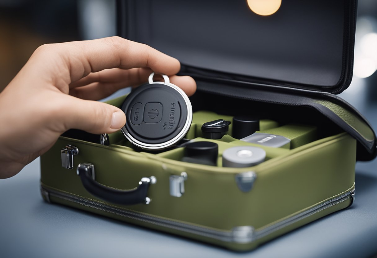 A hand places Airtags inside a suitcase and attaches them to the handle