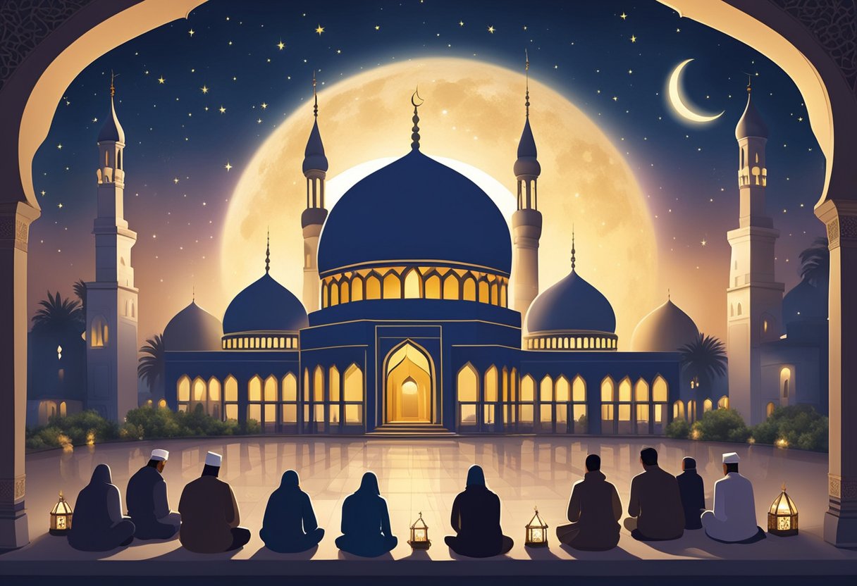 Muslims gather around a mosque, lighting candles and offering prayers on Shab-e-Barat night. The night sky is filled with stars and the moon shines brightly, creating a peaceful and spiritual atmosphere