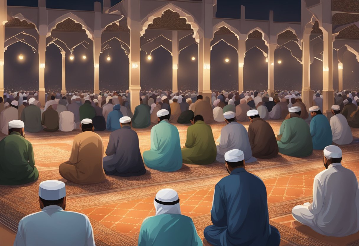 Muslims pray and seek forgiveness on Shab-e-Barat night, reflecting on their past deeds and asking for blessings. The atmosphere is serene, with people gathered in mosques and homes, engaging in acts of worship and contemplation
