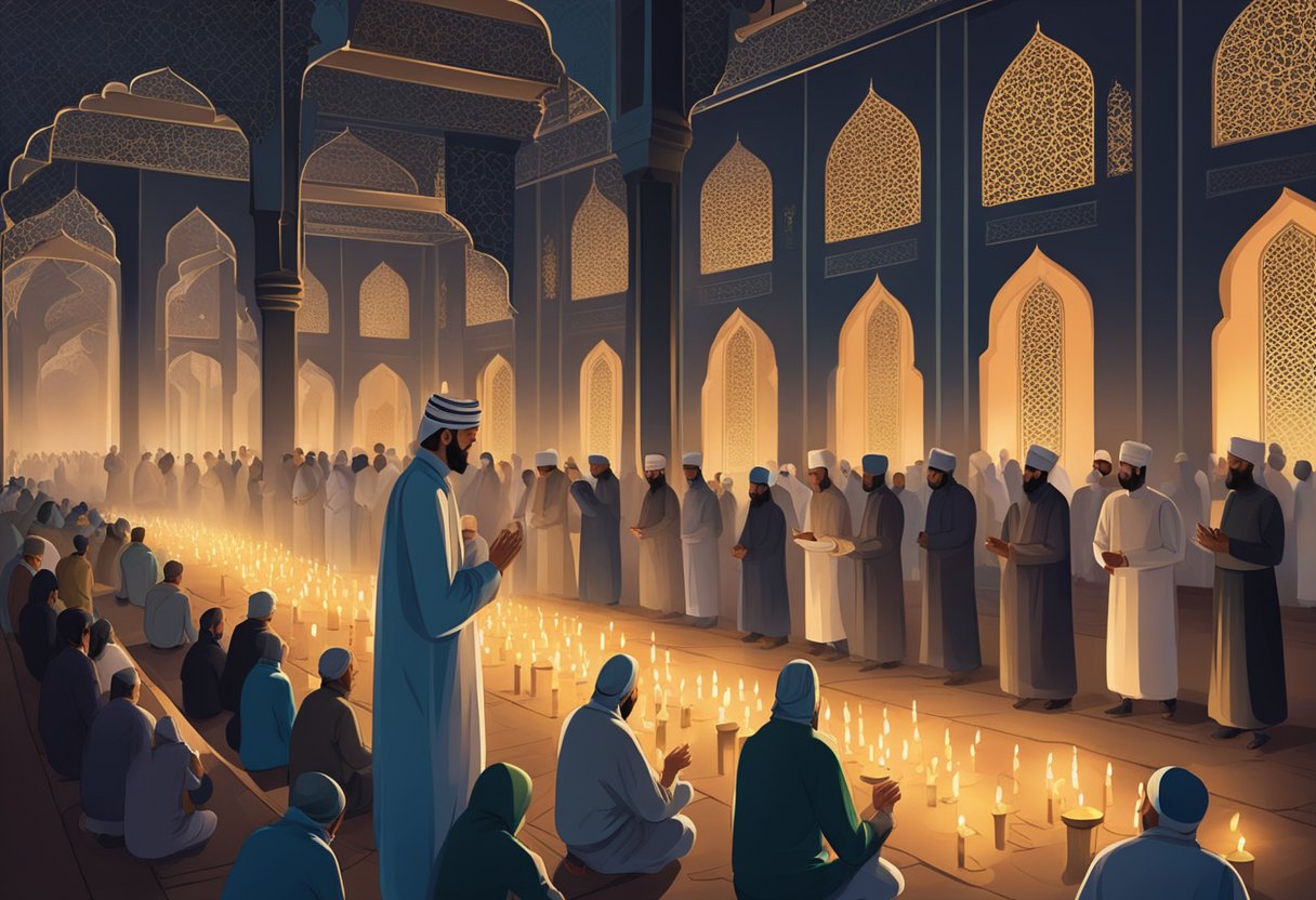 Muslims gather in a mosque, praying and seeking forgiveness on Shab-e-Barat night. Candles and lanterns illuminate the space, creating a serene and spiritual atmosphere