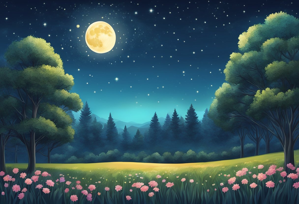 A starry night sky with a bright full moon shining down on a peaceful landscape of trees, flowers, and a serene atmosphere