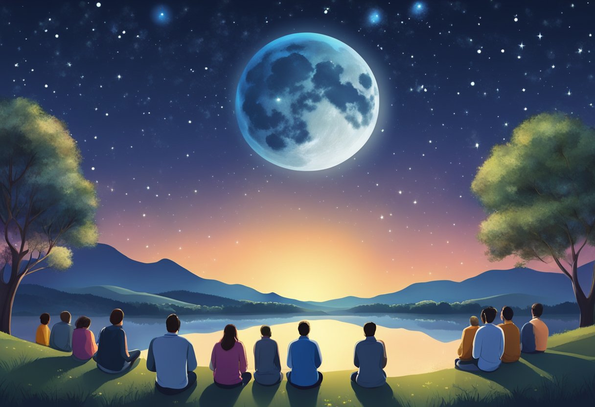 A starry night sky with a bright full moon shining down on a peaceful and serene landscape, with people gathered in prayer and reflection