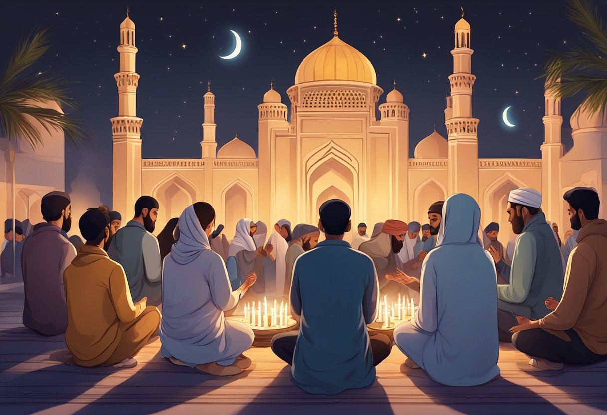 A moonlit night with people gathered in prayer, offering sweets and lighting candles for Shab E Barat Mubarak 2024
