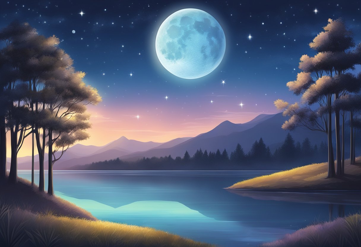 A night sky filled with twinkling stars and a bright full moon, casting a soft glow over a peaceful, serene landscape