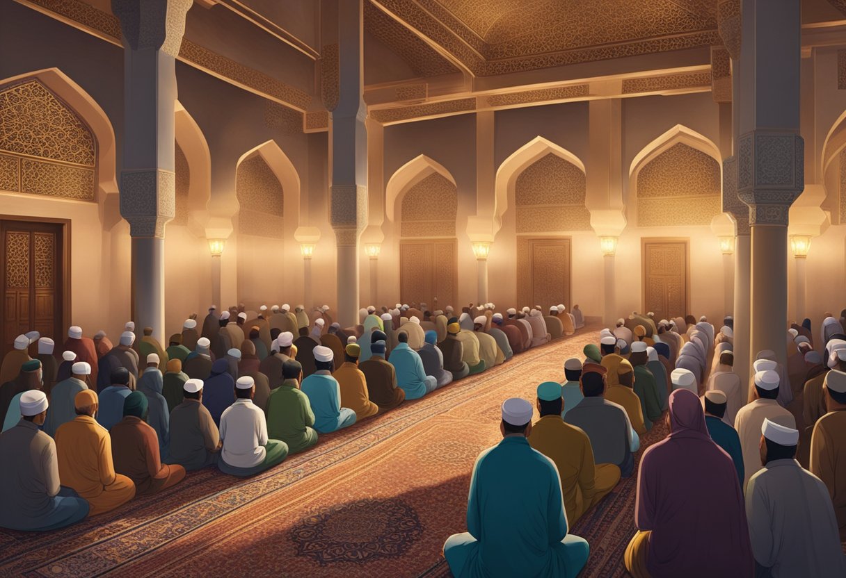 A group of Sunnis gather in a mosque, praying and reciting Quran verses on the night of Shab-e-Barat. The room is dimly lit with candles, creating a peaceful and spiritual atmosphere