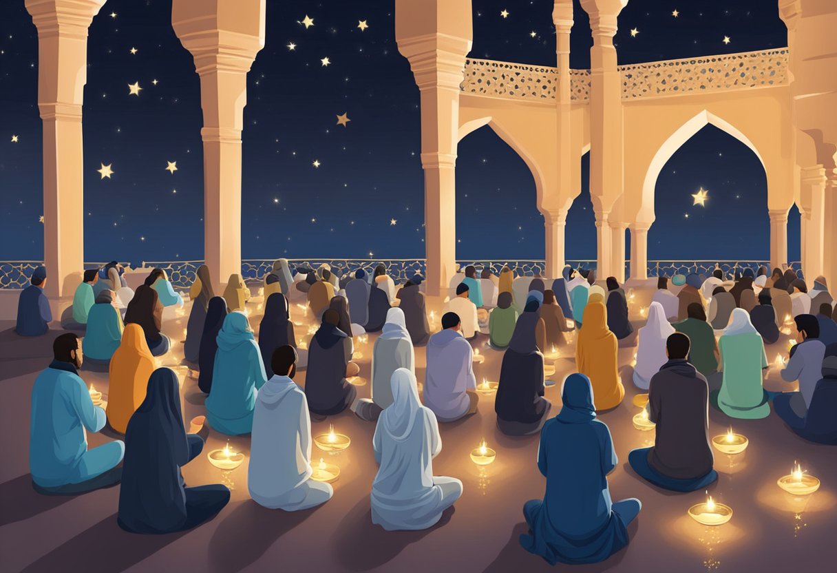 A group of Sunnis gather for Shab-e-Barat, lighting candles and offering prayers. The night sky is filled with stars, adding to the peaceful atmosphere