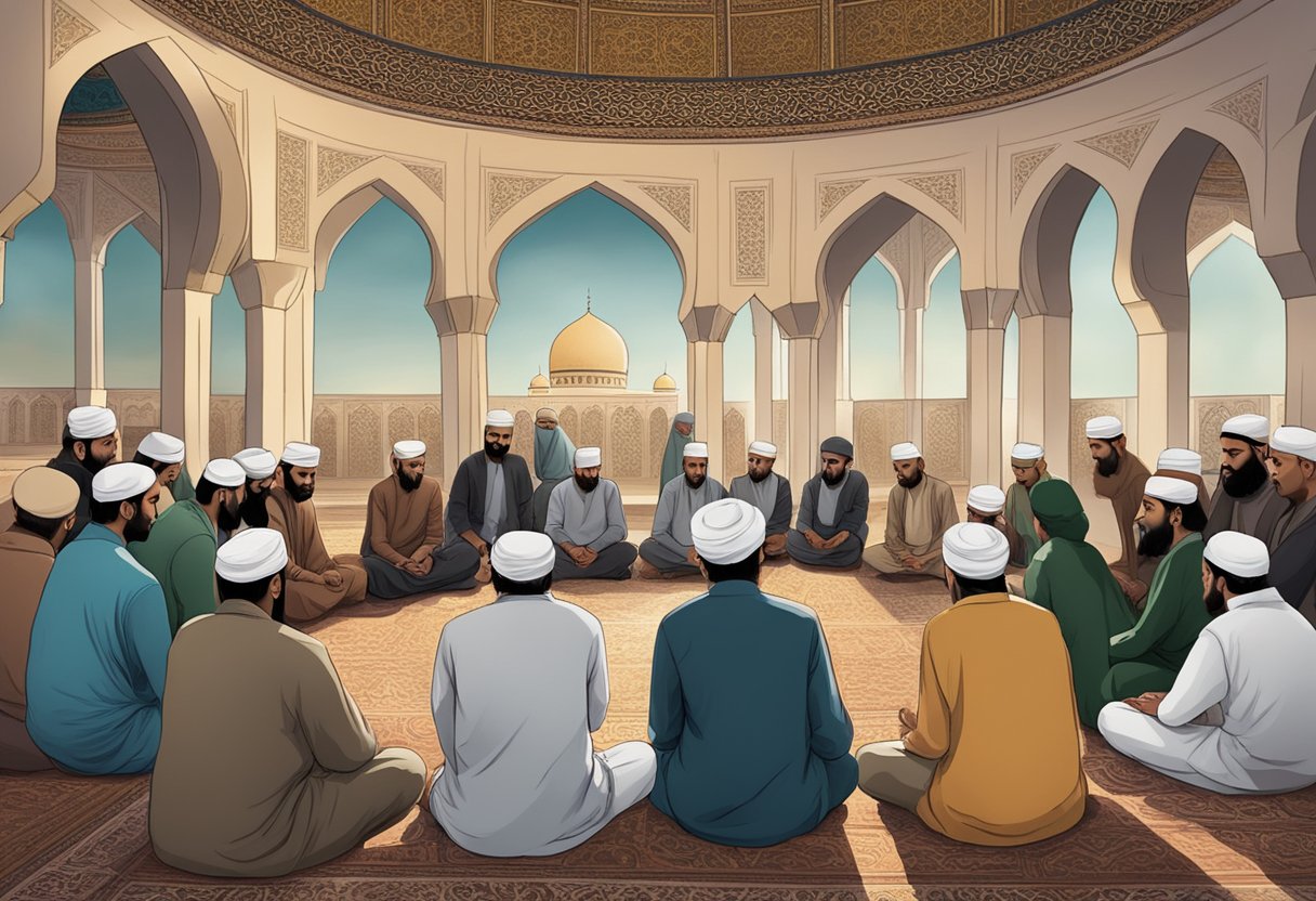 A group of Sunnis gathered in a mosque, discussing and debating their beliefs about Shab-e-Barat, with some looking through religious texts for answers