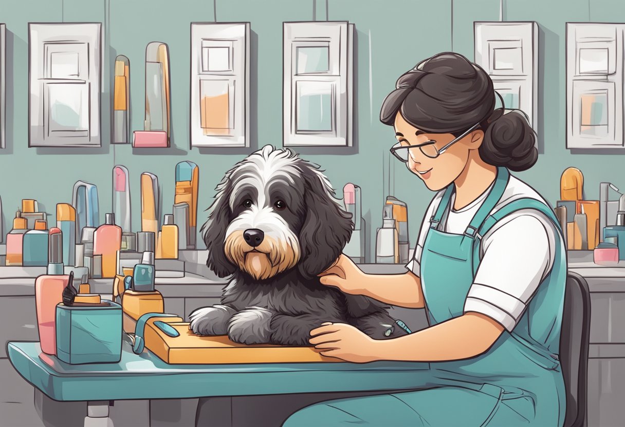 A Bernedoodle getting its nails trimmed on a grooming table