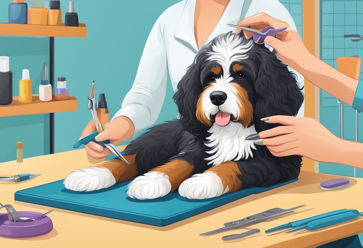 A Bernedoodle dog getting its nails trimmed on a non-slip surface with a nail clipper and a focused groomer