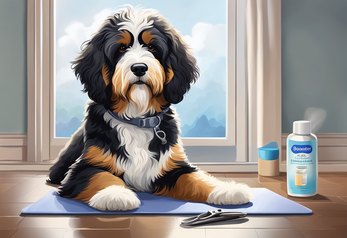 A Bernedoodle sits on a non-slip surface, with nail clippers and styptic powder nearby. A calm atmosphere with gentle lighting