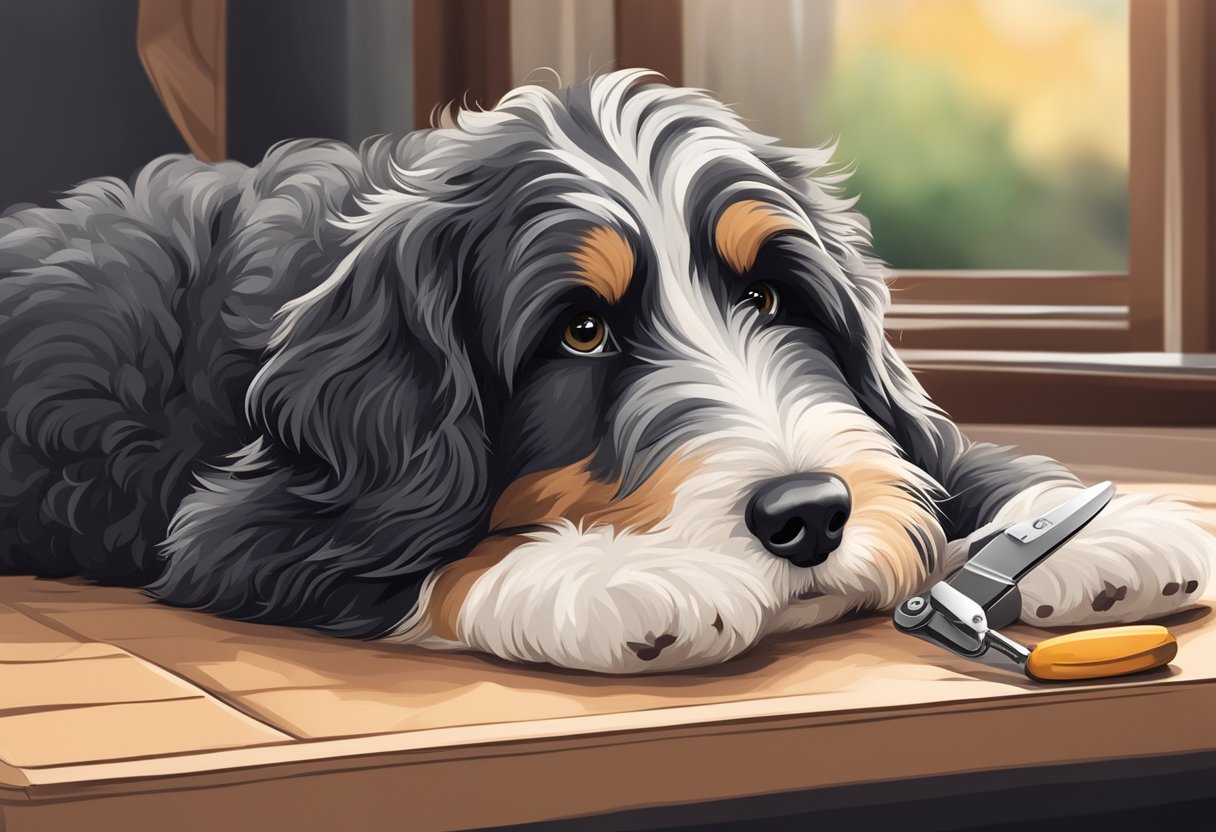 A Bernedoodle's paw held gently, nail clippers trimming the nails, with a focused and calm atmosphere