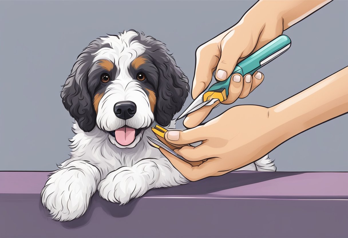 A Bernedoodle's nails being trimmed with care