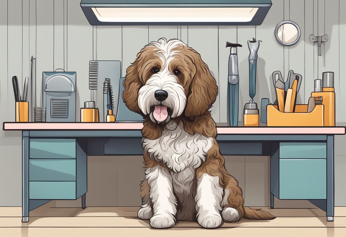 A Bernedoodle dog sits on a grooming table as a professional trims its nails with a specialized tool