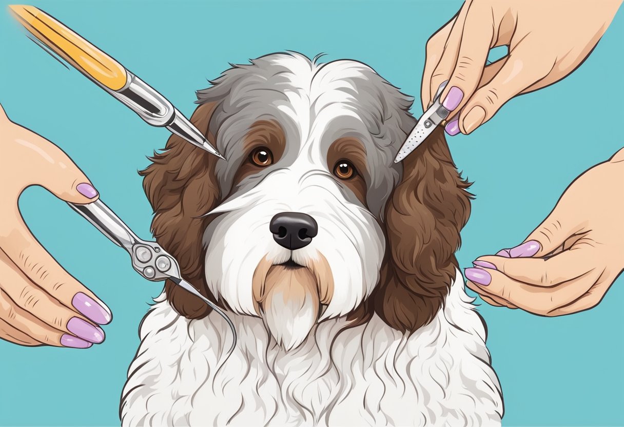 A Bernedoodle's nails being carefully trimmed by a professional groomer using specialized tools