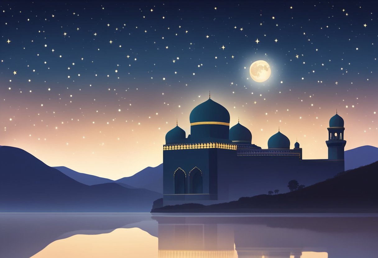 The night sky on Shab e Barat 2024, with stars shining brightly and a full moon casting a soft glow over the landscape