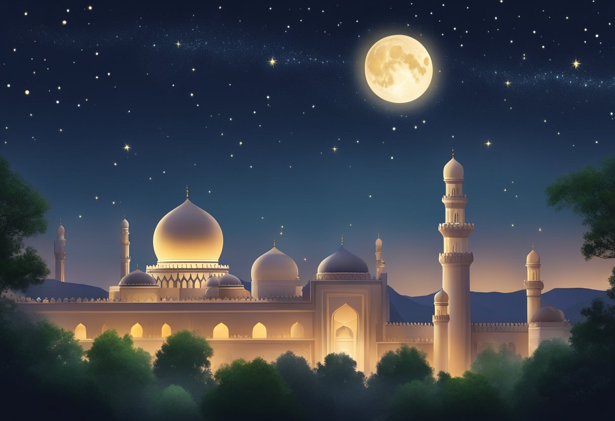 The night sky of Shab e Barat 2024 is illuminated by the full moon, casting a soft glow over the landscape. The stars twinkle in the clear night sky, creating a serene and tranquil atmosphere