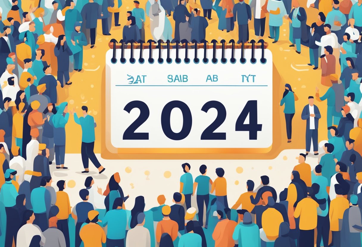 A calendar with the date "Shab e Barat 2024" highlighted in bold, surrounded by question marks and a crowd of people in the background