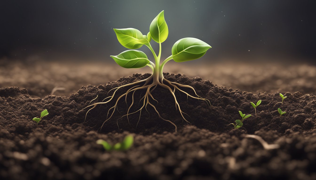 Seeds sprouting in soil, with roots emerging and tiny green shoots reaching towards the light. Soil is rich and dark, with moisture glistening on the surface