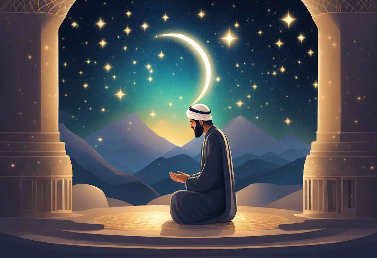 Prophet Muhammad stands in prayer, surrounded by a radiant glow. The night sky is filled with stars, symbolizing the significance of Shab-e-Barat