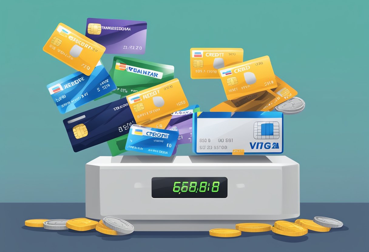 Multiple credit cards crushed under a heavy weight, while a credit score meter visibly drops