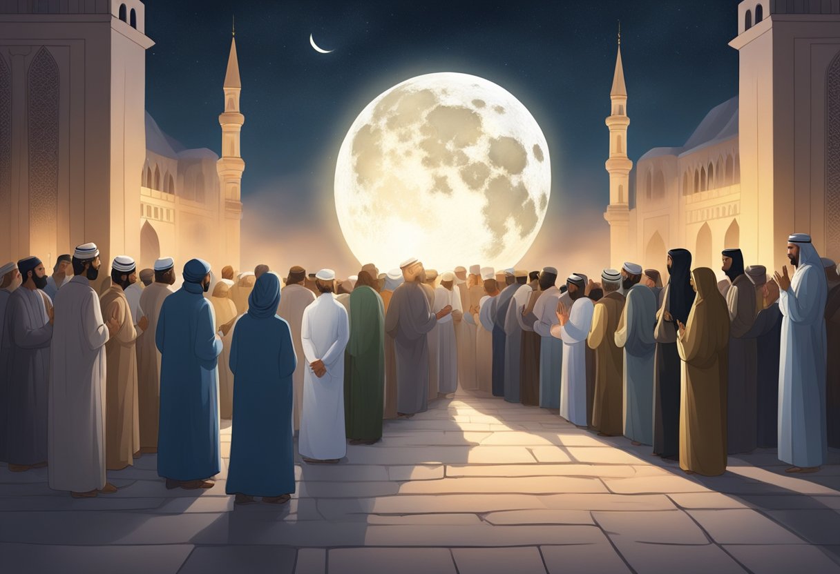 A serene night with a glowing moon, people gathered in prayer, and the Prophet Muhammad's presence felt in the air