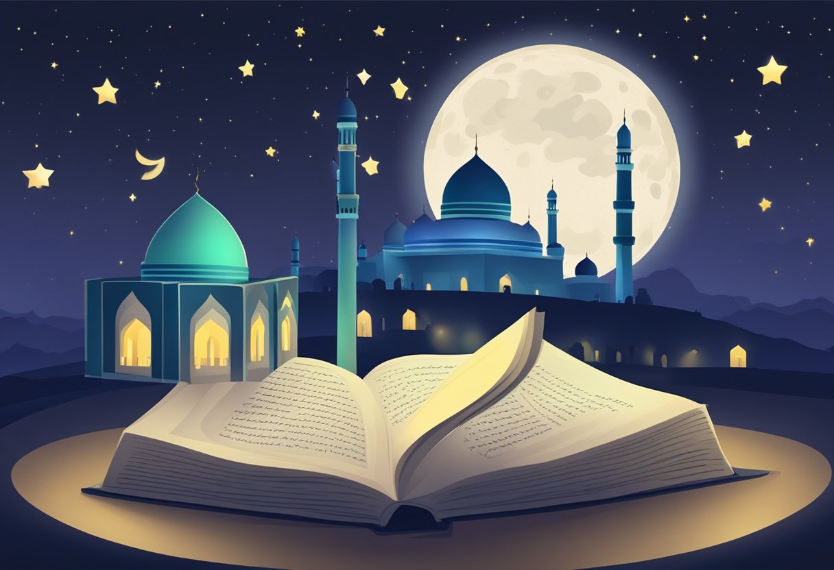 A moonlit night with a mosque in the background, and a clear sky filled with stars. An open book with the words "Shab-e-Barat" written on it is placed in the foreground