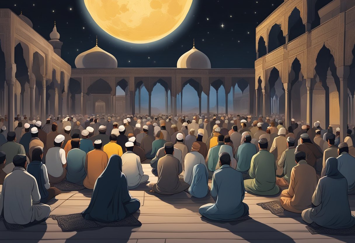 A moonlit night with people gathered in prayer, some fasting, others feasting, as they observe Shab-e-Barat