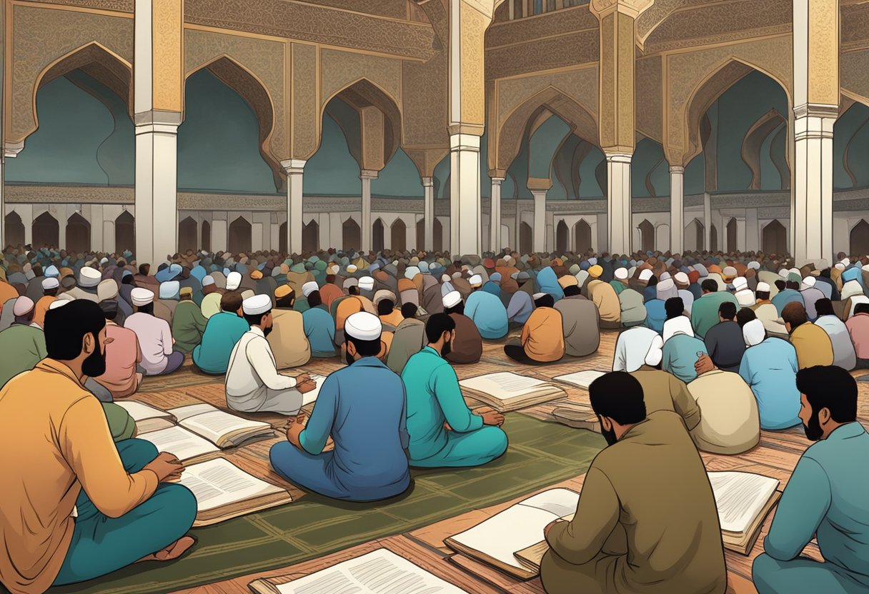A group of people gathered in a mosque, discussing whether fasting on Shab-e-Barat is mandatory. Books and papers are spread out on a table as they engage in a lively debate