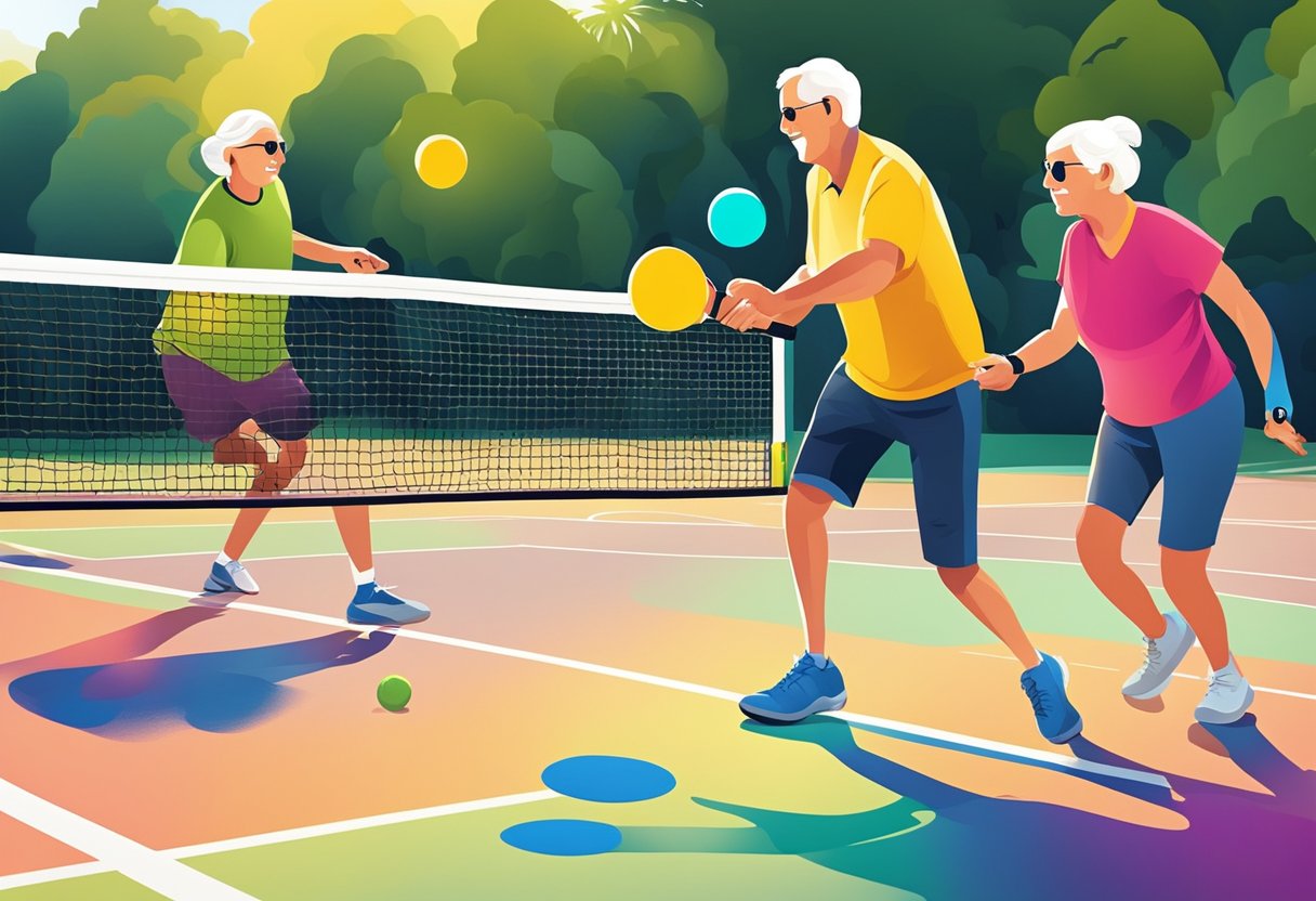 A group of 70 plus seniors playing pickleball on a sunny court with colorful paddles and a bouncing ball