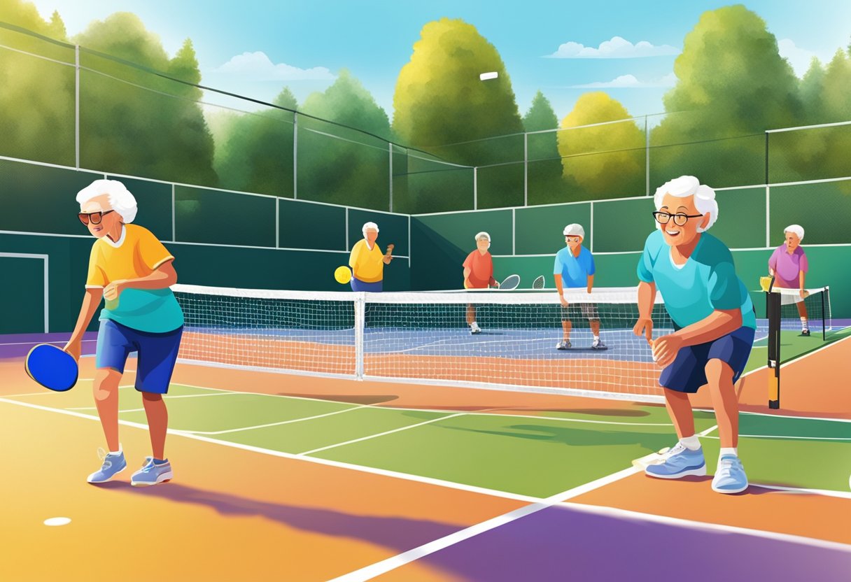 A group of 70 plus year old pickleball players gather on the pickleball court, eagerly preparing to play. The bright colors of the court and equipment add a sense of energy and excitement to the scene