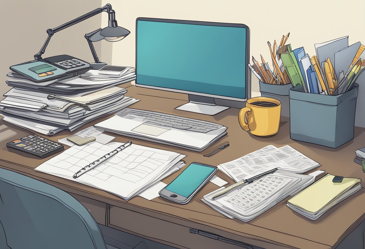 A cluttered desk with a computer, calculator, and stacks of paperwork. A calendar on the wall shows deadlines. A phone is off the hook