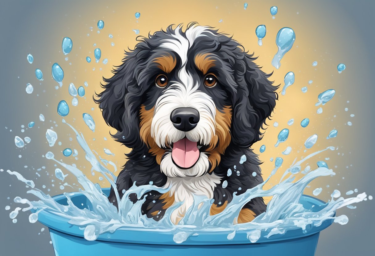 A Bernedoodle splashes in a tub, water droplets flying, with a playful expression