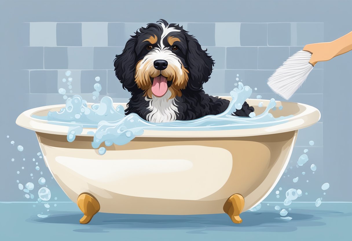 A Bernedoodle stands in a bathtub, water running, with shampoo and a brush nearby