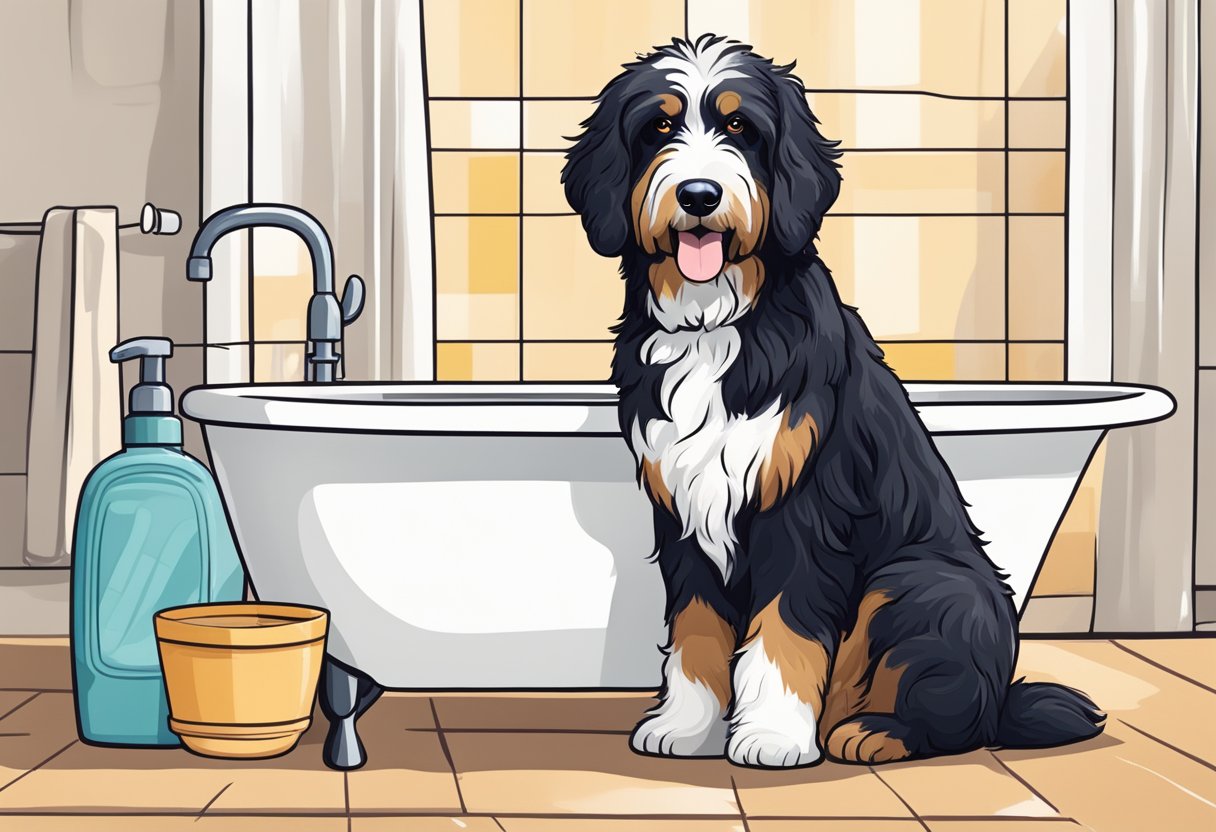 A Bernedoodle stands next to a bathtub, towels and shampoo nearby