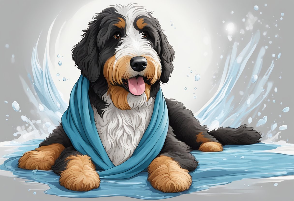 A Bernedoodle shakes off water, then is towel-dried and brushed