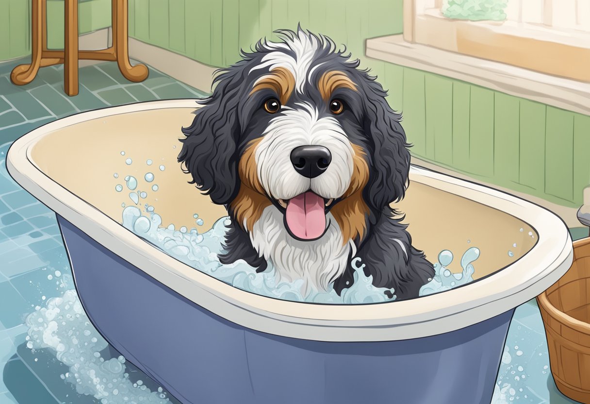 A Bernedoodle stands in a bathtub, water running, as it gets a thorough bath to maintain a healthy coat