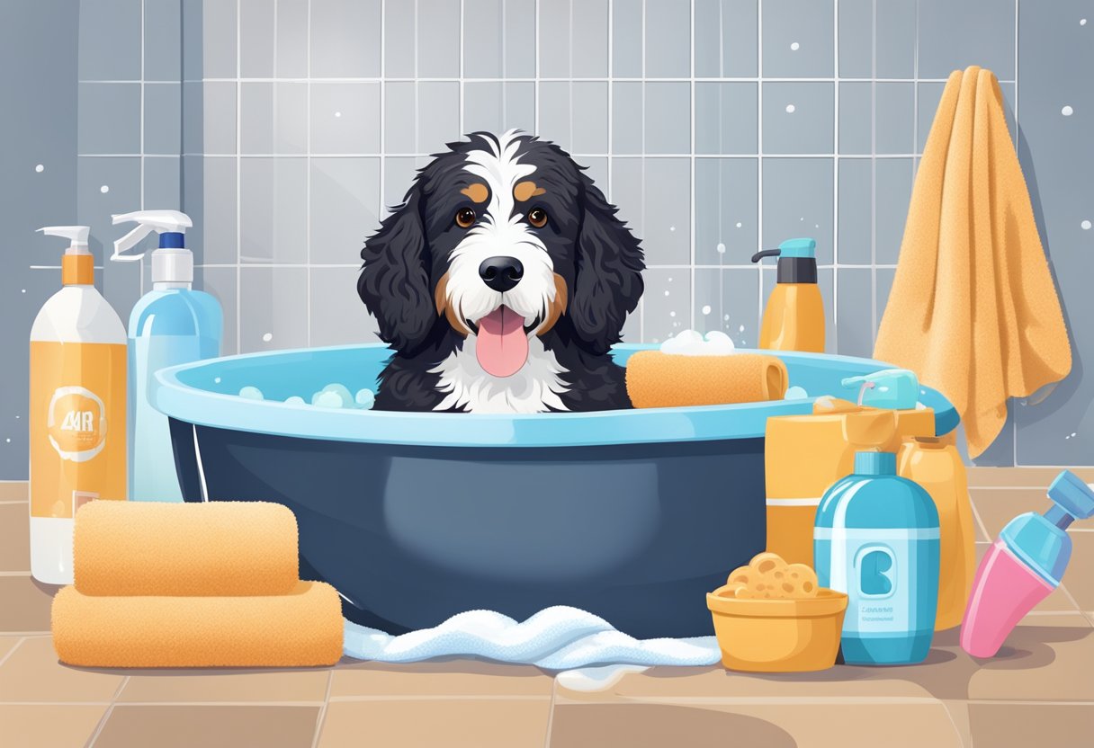 A Bernedoodle dog being bathed in a tub with shampoo and water, surrounded by towels and grooming tools