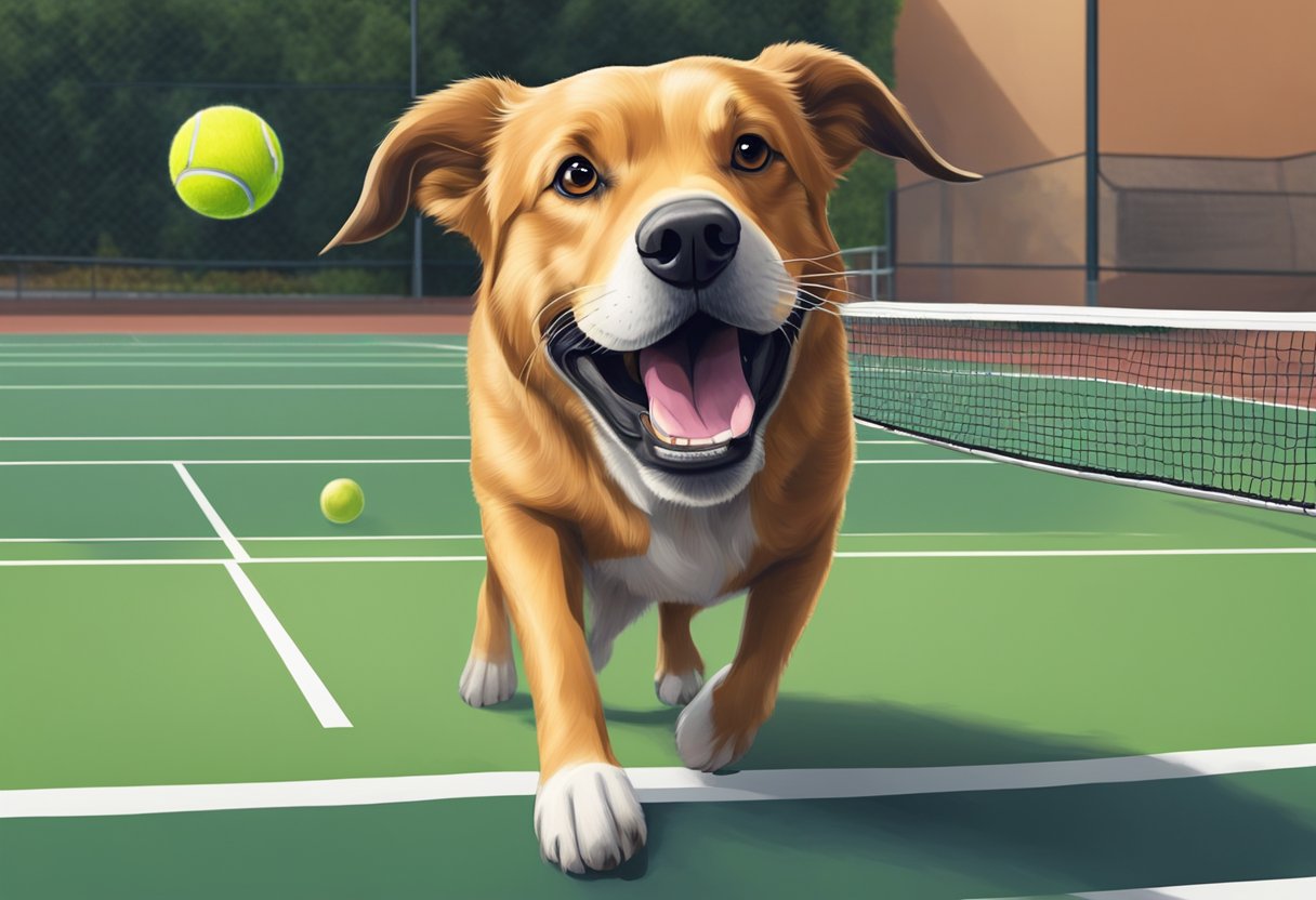 A dog with a tennis ball in its mouth waits eagerly at the edge of a pickleball court, tail wagging