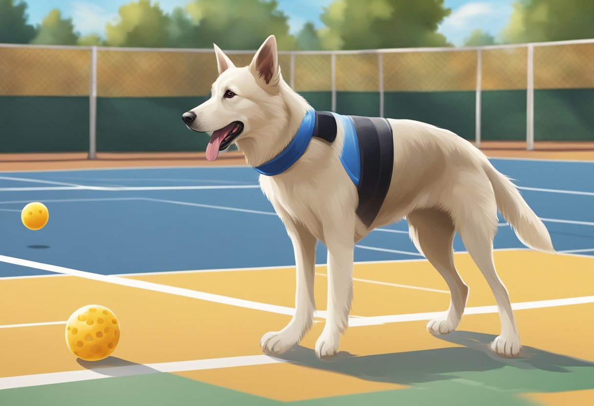 A dog plays pickleball with a wagging tail, a paddle in its mouth, and a ball bouncing on the court