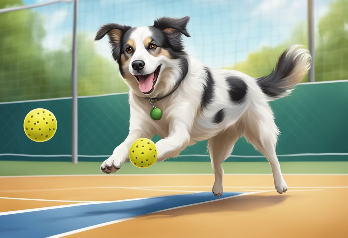 A dog plays pickleball on a court, with a happy expression and a wagging tail