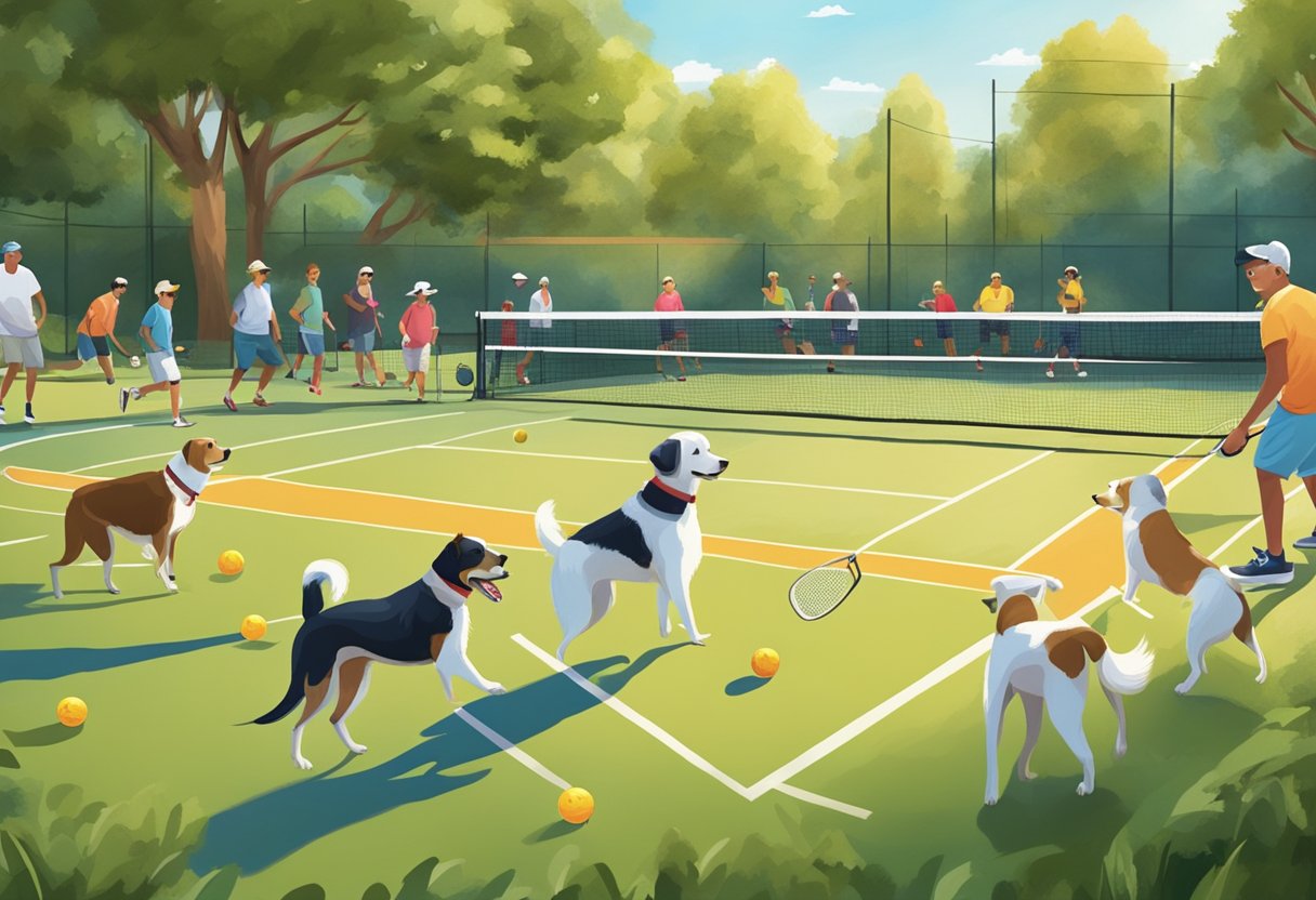 A group of dogs play pickleball together in a community park, surrounded by spectators and other dog owners