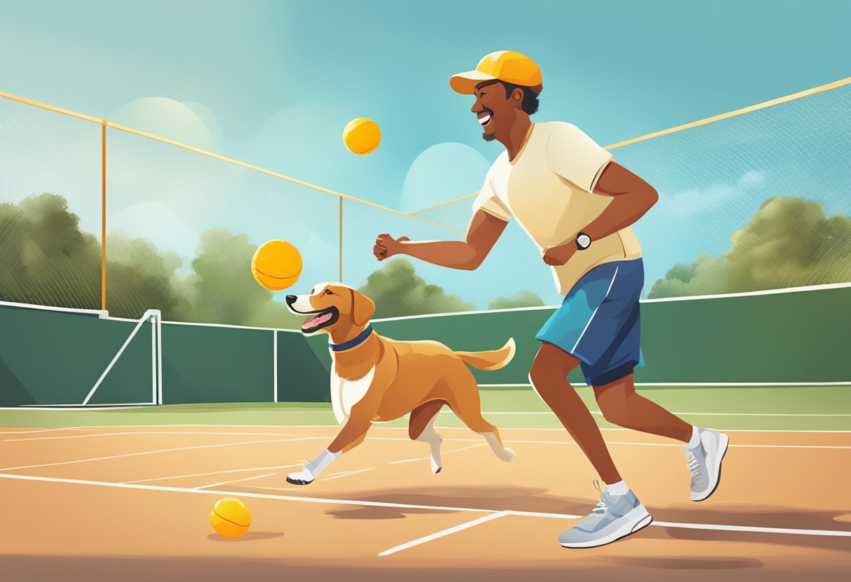 A dog plays pickleball with its owner, happily chasing after the ball on the court