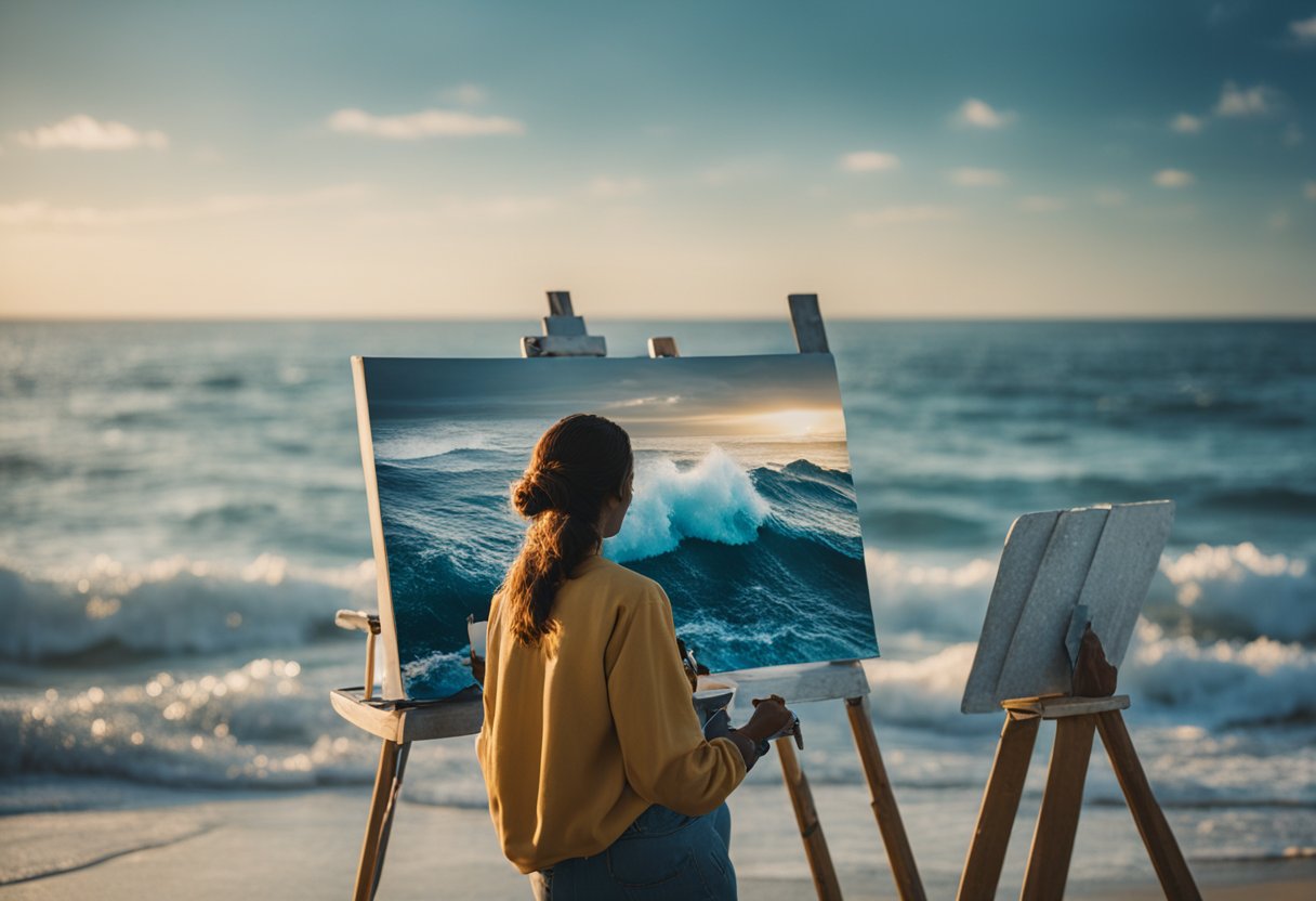 A person painting an ocean scene