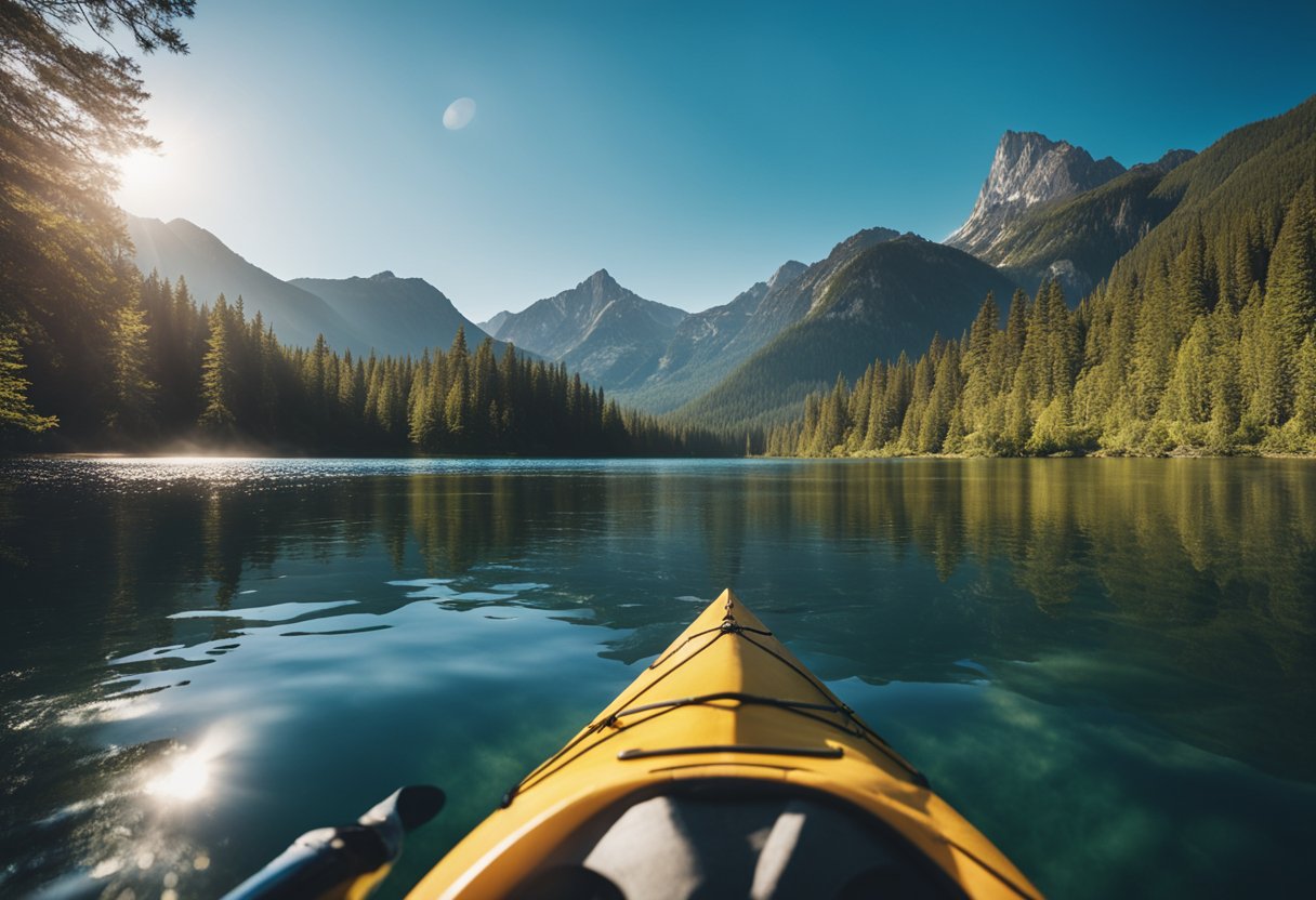 A person kayaking on a tranquil lake surrounded by mountains and forests, with a clear blue sky overhead, and a sense of adventure in the air